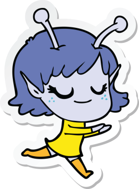 Bir insan tarafından çizilmiş gülümseyen uzaylı bir kızın çıkartması.