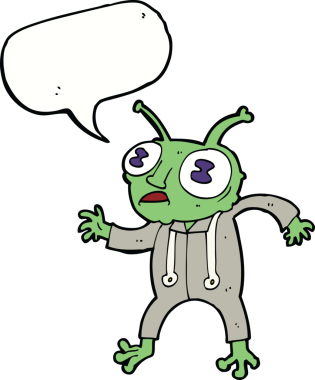 Bir insan tarafından çizilmiş konuşma balonu olan uzaylı uzay adamı çizgi filmi.