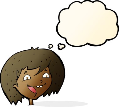 Bir insan tarafından çizilmiş düşünce balonlu mutlu kız çizgi filmi.