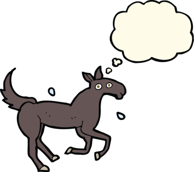 Bir insan tarafından çizilmiş düşünce baloncuğuyla terleyen at.