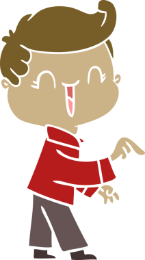 Düz renkli çizgi film karakteri gülen çocuk bir insan tarafından çizilmiş.