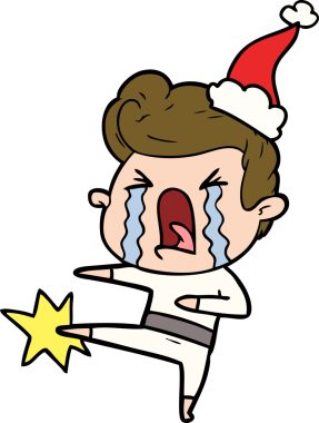 Bir insan tarafından çizilmiş Noel Baba şapkası giymiş ağlayan bir adamın el çizimi.