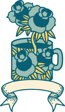 Geleneksel dövmeli bir kupa ve bir insan tarafından çizilmiş çiçekler.