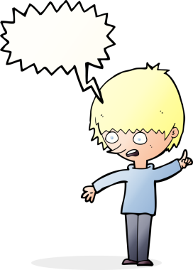 Bir insan tarafından çizilmiş bir konuşma balonuyla soru soran çizgi film çocuğu.