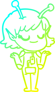 Bir insan tarafından çizilmiş gülümseyen uzaylı kız çizgi filmi.