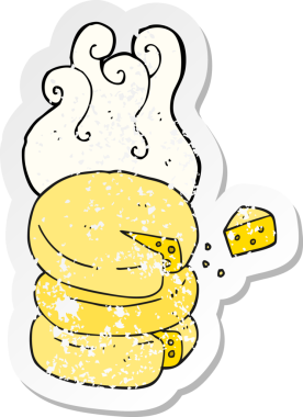 Bir insan tarafından çizilmiş karikatür peynir çarkının gerilimli retro yapıştırması