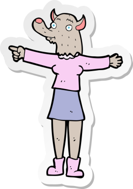 Bir insan tarafından çizilmiş kurtadam kadını gösteren bir karikatür çıkartması.