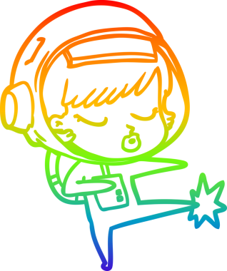 Karikatür çizen gökkuşağı gradyanı çizen güzel astronot kız bir insan tarafından çizilmiş karate tekmesi.