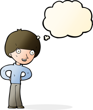 Bir insan tarafından çizilmiş düşünce baloncuğu olan kalçaları olan mutlu çocuk çizgi filmi.