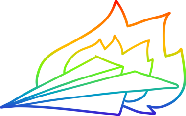 Gökkuşağı gradyan çizgi çizimi bir insan tarafından çizilmiş yanan kağıt uçak