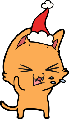 Bir insan tarafından çizilmiş Noel Baba şapkası takan bir kedinin el çizimi.