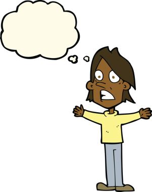 Bir insan tarafından çizilmiş düşünce baloncuğu olan korkmuş bir adam.