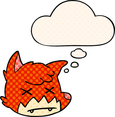 Çizgi roman tarzında bir insan tarafından çizilmiş düşünce balonlu ölü tilki suratı.