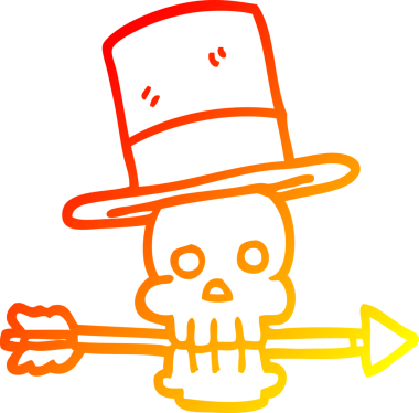 Bir insan tarafından çizilmiş silindir şapkalı ve oklu bir kafatası çizgi çizimi.