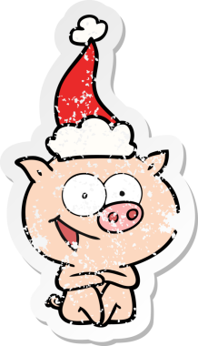 Neşeli domuz eli, insan tarafından çizilmiş Noel Baba şapkası giymiş üzgün bir çıkartma çizimi.