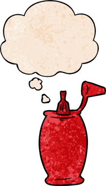 Bir insan tarafından çizilmiş grunge desenli düşünce baloncuklu ketçap şişesi.