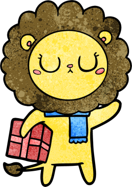 Bir insan tarafından çizilmiş noel hediyeli çizgi film aslanı.