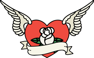 Geleneksel bir kalp dövmesi. Çiçekler ve bir insan tarafından çizilmiş bayrak.