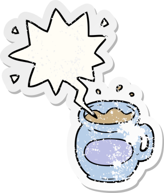 Konuşma balonlu bir kahve fincanı bir insan tarafından çizilmiş sıkıntılı eski bir çıkartma.