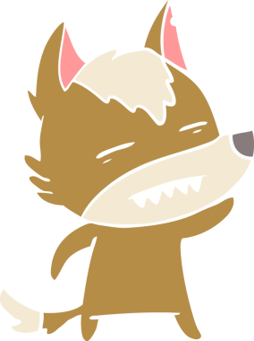 Düz renkli karikatür kurt, bir insan tarafından çizilmiş dişleri gösteriyor.