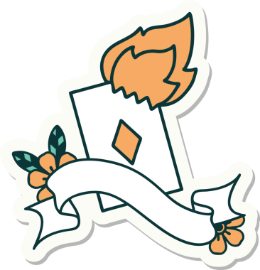 Bir insan tarafından çizilmiş yanan bir kartın pankartına sahip dövme stili çıkartması