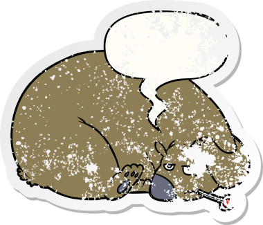 Karikatür ayısı, kafası ağrıyan bir insan tarafından çizilmiş, sıkıntılı, eski bir çıkartma.