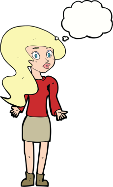 Bir insan tarafından çizilmiş düşünce baloncuğuyla omuz silken çizgi film kadını.