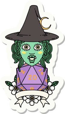 Bir insan tarafından çizilmiş doğal 20 zarlı yarım ork cadı karakterinin çıkartması.