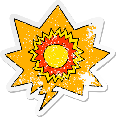 Konuşma baloncuğu olan karikatür güneşi bir insan tarafından çizilmiş sıkıntılı eski bir çıkartma