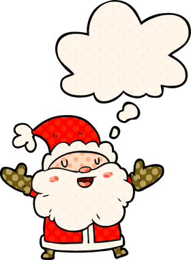 Çizgi roman tarzında bir insan tarafından çizilmiş düşünce balonlu Noel Baba çizgi filmi.