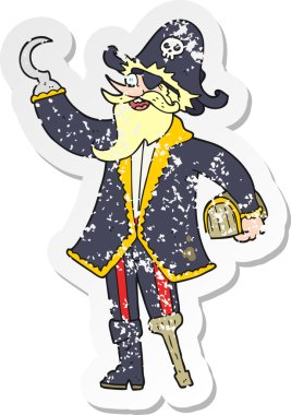 Bir insan tarafından çizilmiş korsan karikatür kaptanının sıkıntılı retro yapıştırması.