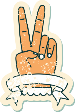 Bir barışın grunge sticker 'ı. Bir insan tarafından çizilmiş iki parmak hareketi.