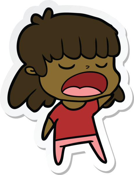 Bir insan tarafından çizilmiş yüksek sesle konuşan bir karikatür kadının çıkartması.