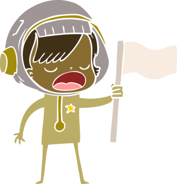 Düz renkli çizgi film astronot kadın bir insan tarafından çizilmiş bayrak sallıyor.