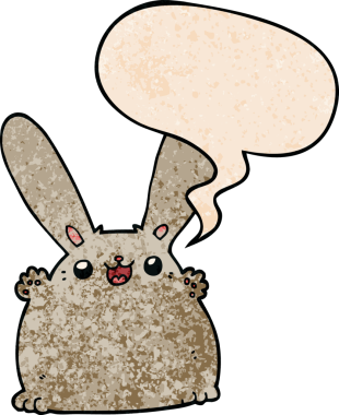 Konuşma baloncuklu çizgi film tavşanı insan tarafından çizilmiş.