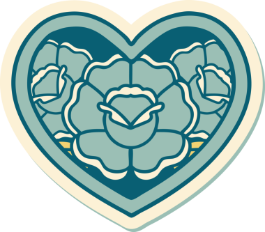 Geleneksel kalp stili dövme çıkartması ve bir insan tarafından çizilmiş çiçekler.