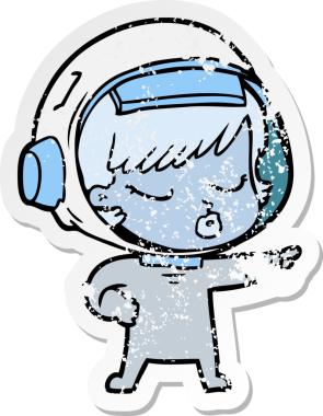 Çizgi film çıkartması. Güzel astronot kız bir insan tarafından çizilmiş.