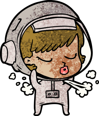 Çizgi film güzel astronot kız bir insan tarafından çizilmiş uzay kaskını çıkarıyor.