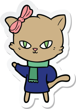 Bir insan tarafından çizilmiş kışlık giysili şirin bir çizgi film kedisinin çıkartması.