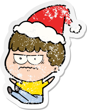 Bir insan tarafından çizilmiş Noel Baba şapkası giymiş sinirli bir adamın el çizimi karikatürü.