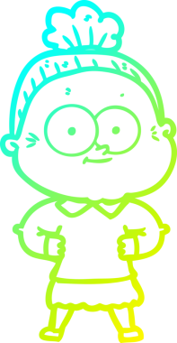 Bir insan tarafından çizilmiş, mutlu, yaşlı bir kadının çizimi.