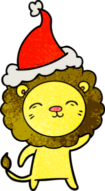 Bir insan tarafından çizilmiş Noel Baba şapkası takan bir aslanın el çizimi karikatürü.