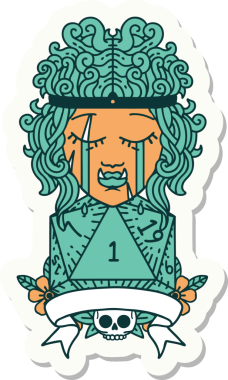 Ağlayan bir ork barbar karakterinin çıkartması. Bir insan tarafından çizilmiş doğal bir D20 rulosu.