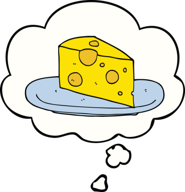 Bir insan tarafından çizilmiş düşünce baloncuklu çizgi film peyniri.