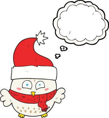 Bir insan tarafından çizilmiş noel şapkası giyen serbest çizim baloncuk baykuş.