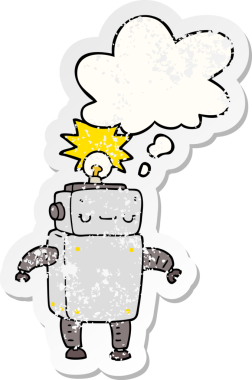Düşünce baloncuğu olan karikatür robotu bir insan tarafından çizilmiş yıpranmış bir çıkartma.