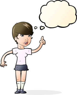 Bir insan tarafından çizilmiş düşünce baloncuğu fikri olan karikatür kadın.