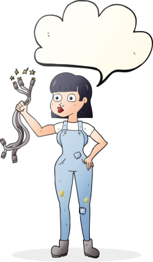 Bir insan tarafından çizilmiş serbest konuşma balonu karikatürü kadın elektrikçi