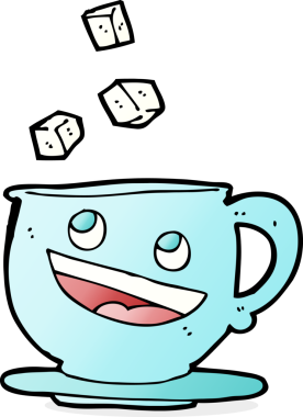 Çizgi film şekerleri bir insan tarafından çizilmiş çay bardağına düşer.