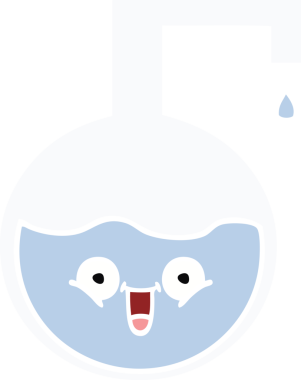 Bir insan tarafından çizilmiş bir bilim şişesinin düz renkli retro karikatürü